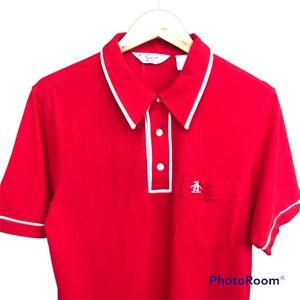 Mens Penguin Short Sleeve Red White Piping Collared Polo Shirt w Pocket Sz Large
